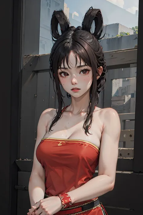 masterpiece, highres,beautiful face,(masterpiece, top quality, best quality, official art, beautiful and aesthetic:1.2), (1girl:1.3), (fractal art:1.3), solo, xiuhuaxie, bare shoulders, bare arms, black hair,  large breasts, red strapless  bellyband,strapless ,red wristband,(black eyes:1.3), collarbone,
 looking at viewer,
 <lora:diaochan-v2:0.9>