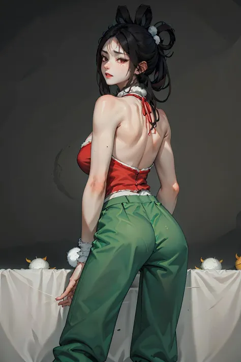 masterpiece, highres,beautiful face,(masterpiece, top quality, best quality, official art, beautiful and aesthetic:1.2), (1girl:1.3), (fractal art:1.3), solo, xiuhuaxie, bare shoulders, bare arms, black hair,  large breasts, red strapless  bellyband,strapless ,red wristband,(black eyes:1.3), collarbone,
 looking at viewer,light green baggy pants, green  pants, red shoes,shoes,toned,white socks,(white decorative pompoms on the vamp:1.3),white decorative_fluff_balls on shoes, (bare back:1.3), 
sitting,crossed legs, 
 <lora:diaochan-v2:1>