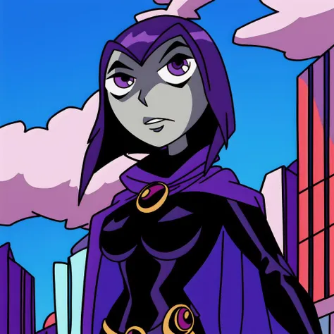 <lora:ravenTeenTitans2003_ravenV10:1> raven teen titans, cape, clean face, black clothes, flying in the city