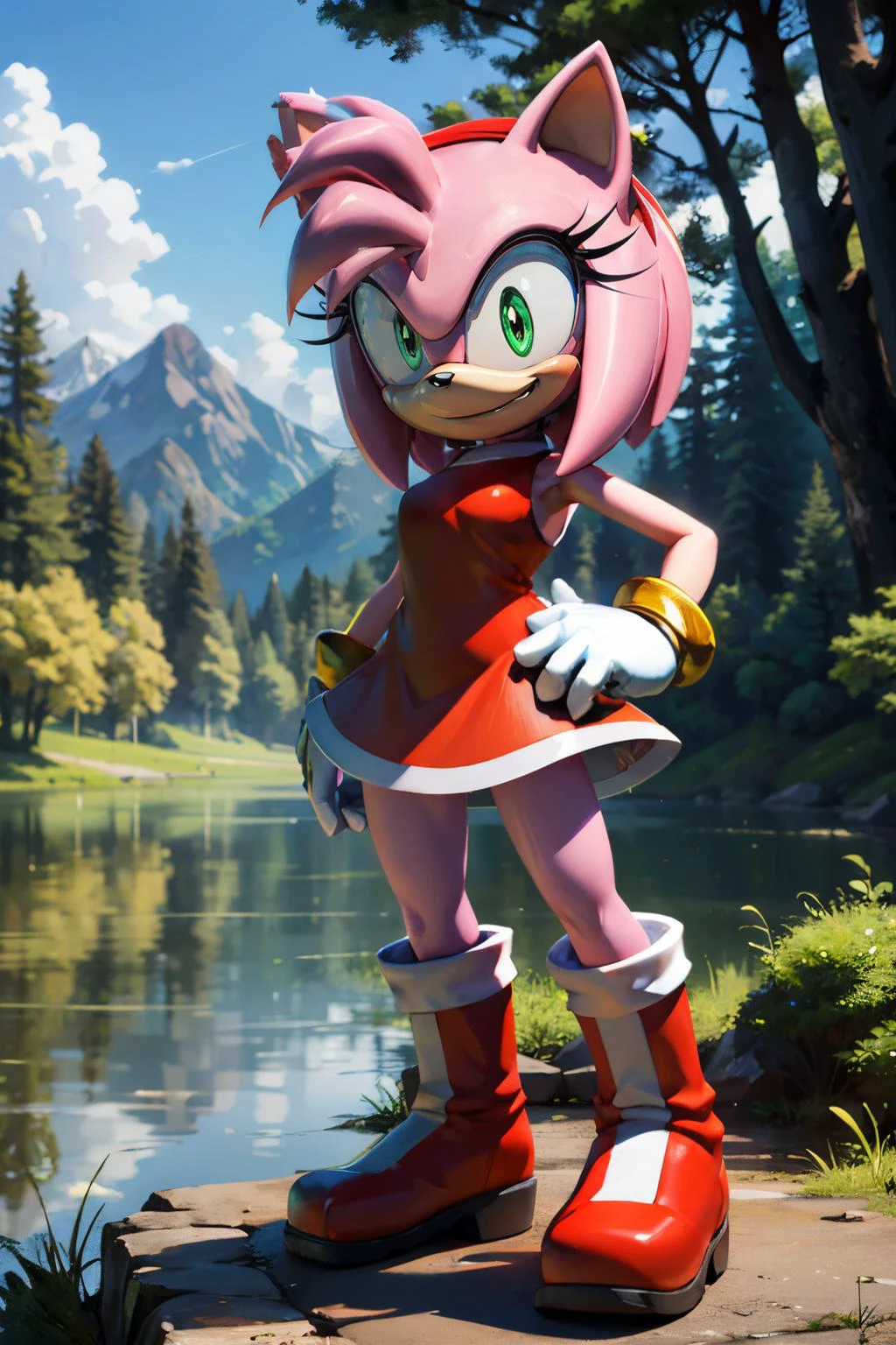Amy_Rose, furry, pink skin, red dress, gloves, green eyes, looking at viewer, serious, smirk, smiling,
standing, hands on hips, outside, forest, lake, natural lighting, extreme detail, masterpiece, <lora:Amy_Rose:.8>