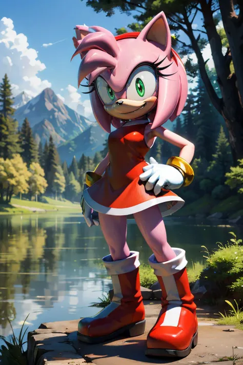 Amy_Rose, furry, pink skin, red dress, gloves, green eyes, looking at viewer, serious, smirk, smiling, 
standing, hands on hips, outside, forest, lake, natural lighting, extreme detail, masterpiece,  <lora:Amy_Rose:.8>