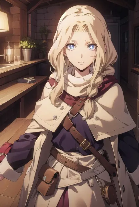 lisatepes, <lora:lisatepes-lora-nochekaiser:1>,
lisa tepes, long hair, blue eyes, blonde hair, hair over shoulder,
BREAK braid, belt, bag, cape, single braid, long sleeves, skirt,
BREAK looking at viewer,
BREAK indoors,
BREAK <lyco:GoodHands-beta2:1>, (masterpiece:1.2), best quality, high resolution, unity 8k wallpaper, (illustration:0.8), (beautiful detailed eyes:1.6), extremely detailed face, perfect lighting, extremely detailed CG, (perfect hands, perfect anatomy),