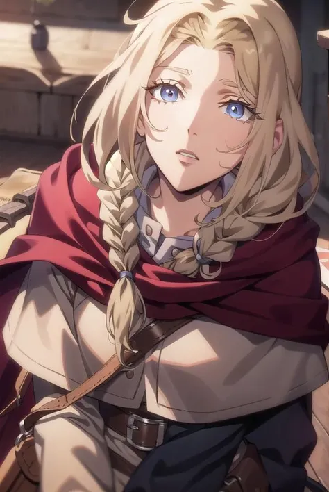 lisatepes, <lora:lisatepes-lora-nochekaiser:1>,
lisa tepes, long hair, blue eyes, blonde hair, hair over shoulder,
BREAK braid, belt, bag, cape, single braid, long sleeves, skirt,
BREAK looking at viewer,
BREAK indoors,
BREAK <lyco:GoodHands-beta2:1>, (masterpiece:1.2), best quality, high resolution, unity 8k wallpaper, (illustration:0.8), (beautiful detailed eyes:1.6), extremely detailed face, perfect lighting, extremely detailed CG, (perfect hands, perfect anatomy),