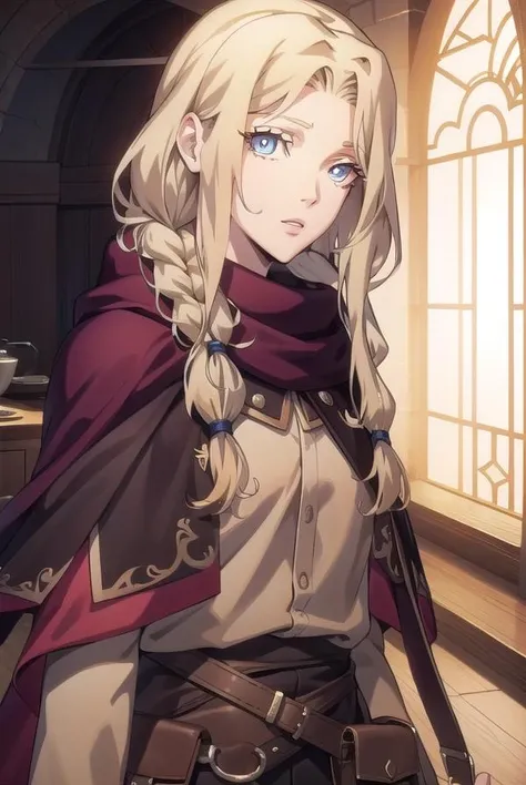 lisatepes, <lora:lisatepes-lora-nochekaiser:1>,
lisa tepes, long hair, blue eyes, blonde hair, hair over shoulder, 
BREAK braid, belt, bag, cape, single braid, long sleeves, skirt,
BREAK looking at viewer,
BREAK indoors,
BREAK <lyco:GoodHands-beta2:1>, (masterpiece:1.2), best quality, high resolution, unity 8k wallpaper, (illustration:0.8), (beautiful detailed eyes:1.6), extremely detailed face, perfect lighting, extremely detailed CG, (perfect hands, perfect anatomy),