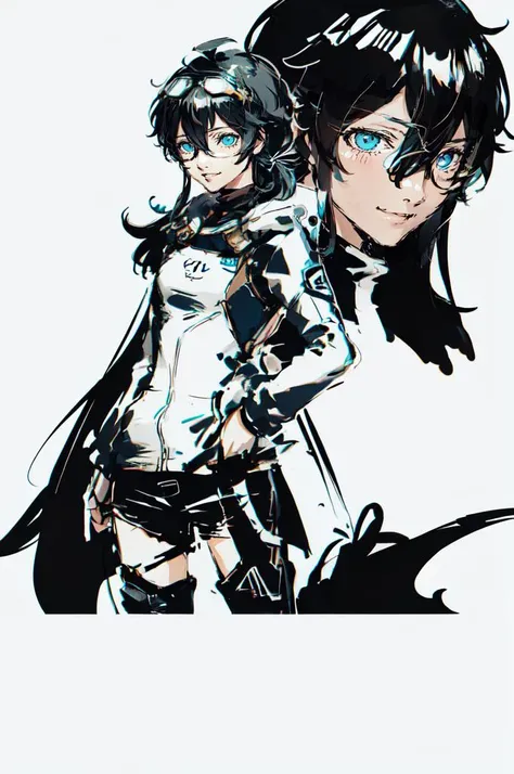<lora:ak50:0.8> persona (/style/), monochrome, portrait,, ultra detailed, masterpiece, best quality, solo, soft smile, light smile, 1girl, aqua eyes, black hair, <lora:low_ponytail-1.0:0.95> low ponytail, ahoge, absurdly long hair, very long hair, (hair flaps:1.2), flipped hair, hair between eyes, bangs, messy hair, small breasts, (goggles on head:1.2), hooded coat, open coat, turtleneck, capri pants, black knee boots, multiple straps, white coat, layered clothes, hair ribbon,