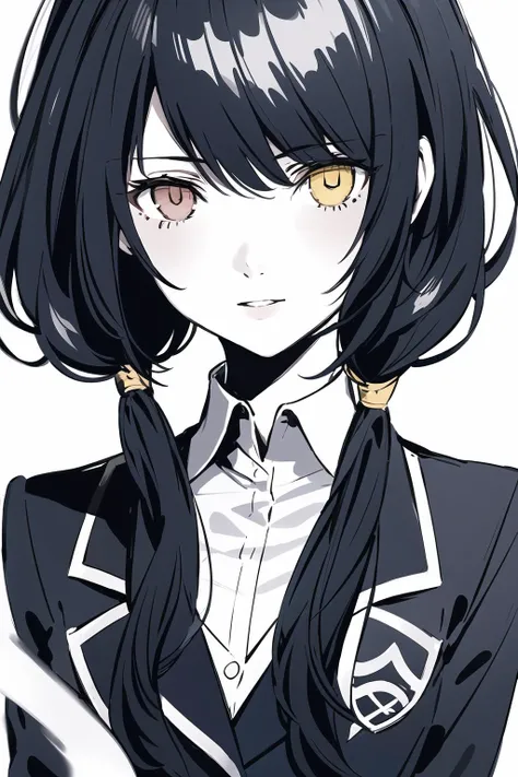Highly detailed, High Quality, Masterpiece, beautiful,masterpiece,best quality, illustration, 1girl, solo,
<lora:人ç©-约æ-æ¶å´çä¸v1(h-madoka):0.8>aakurumi, long hair, low twintails, heterochromia,school uniform, blazer, black jacket, pleated skirt, blue skirt, black pantyhose,
persona (/style/), monochrome, greyscale, simple background,upper body, looking at viewer, portrait,