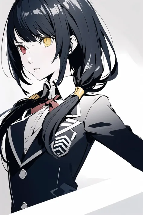 Highly detailed, High Quality, Masterpiece, beautiful,masterpiece,best quality, illustration, 1girl, solo,
<lora:äººç©-çº¦æ-æ¶å´çä¸v1(h-madoka):0.8>aakurumi, long hair, low twintails, heterochromia,school uniform, blazer, black jacket, pleated skirt, blue skirt, black pantyhose,
<lora:persona black style:0.55>persona (/style/), monochrome, greyscale, simple background,upper body,