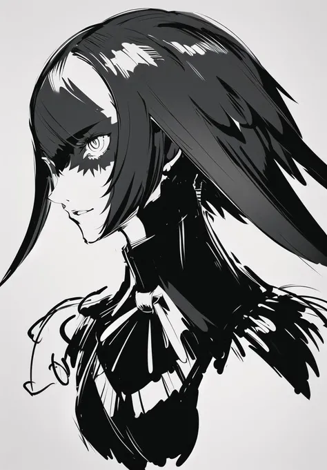persona (/style/), monochrome, greyscale, sketch, portrait, high contrast, upper body, cropped, crow, cartoon, mascot, {{illustration}},{{{masterpiece}}},{{best quality}},{High resolution},{highres},sharp eyes, white background, simple background, <lora:ak50:0.9>