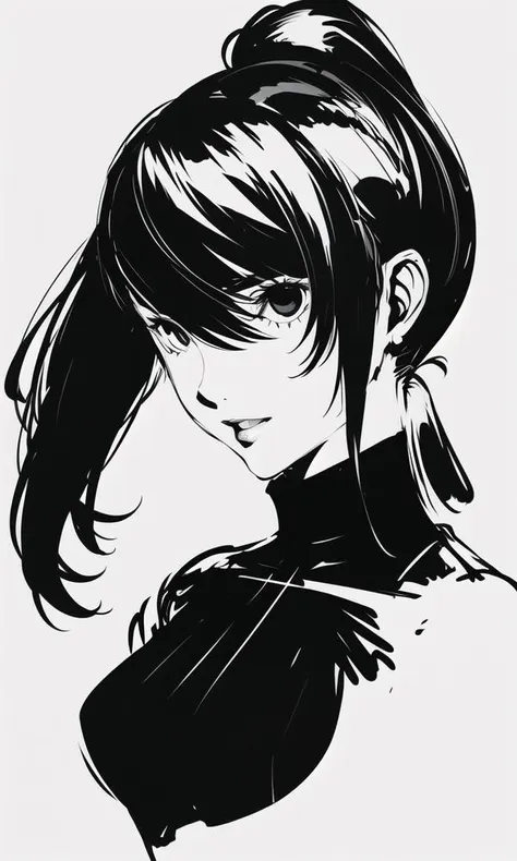 persona (/style/), monochrome, greyscale, sketch, portrait, high contrast, upper body, chest level, cropped, solo, 1girl, ponytail, beautiful detailed black eyes, female focus, bangs, serious, turtleneck, {{illustration}},{{{masterpiece}}},{{best quality}},{High resolution},{highres},sharp eyes, white background, simple background, <lora:ak50:0.8>