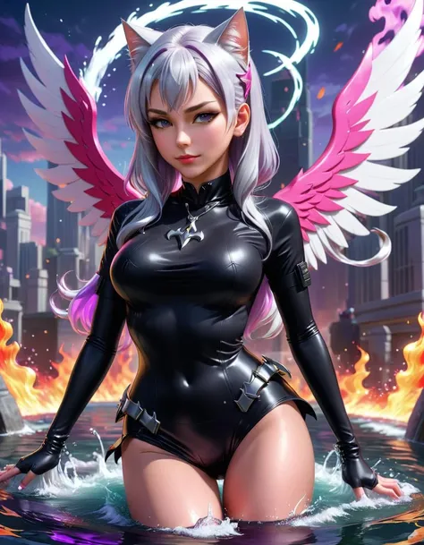 Hyperrealistic art <lora:FF-Safe-Anim-v3-LycorisFF:1> digital art of an elegant, cyborg - girl with silver hair, 3d render of catwoman, a girl with pink hair and black outfit, wearing a tee shirt and combats, a woman in a red dress laying in water, wearing military outfit, huge wings growing out of arms, purple and black clothes, woman made of black flames, a girl in a black dress with white hair and a cat, semirealistic anime style . Extremely high-resolution details, photographic, realism pushed to extreme, fine texture, incredibly lifelike