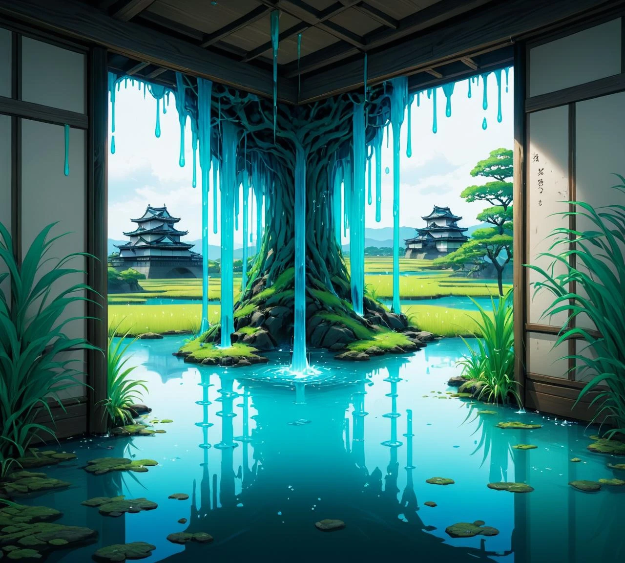 anime artwork <lora:SaFFe3-AniSaFFe-AniSaFFe-Ani.LORA:1>, Bizarre Marsh from inside of a Himeji Castle, dripping Cyan, trending on artstation, <lora:FF-Safe-Anim-v3-LycorisFF:0.5> . anime style, key visual, vibrant, studio anime, highly detailed