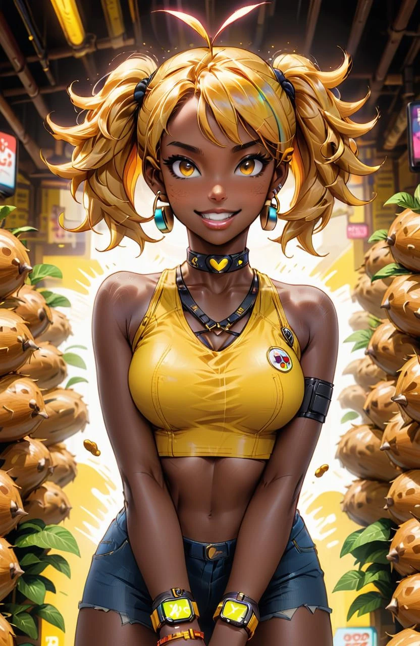 anime artwork <lora:FF_Safe_AnimXL:1>, digital art, light-weight Ugandan Female, Energizing and Appealing, surrounded by Barks, Figural Steerage Mustard Smartwatch, shallow depth of field, 50mm . anime style, key visual, vibrant, studio anime, highly detailed