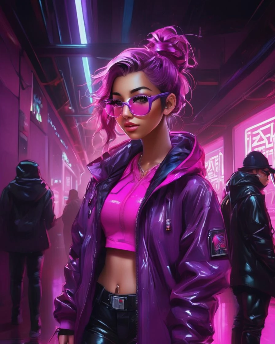 anime artwork <lora:SaFFe-Anim-LycorsFF:1> a girl in pink jacket and glasses is standing in a hallway, neon version of style jim burns, stylish coat for a rave, coat for a rave, purple and pink leather garments, she is wearing a wet coat, wearing a pink hoodie, cyberpunk anime girl in hoodie, purple jacket, wearing a purple detailed coat, neon cyberpunk style, fully clothed. painting of sexy . anime style, key visual, vibrant, studio anime, highly detailed