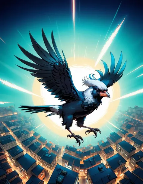 anime artwork <lora:SaFFe3-AniSaFFe-AniSaFFe-Ani.LORA:1>, stylized by Range Murata, anime key visual, aerial shot of a Foul Magpie, concept art, Rembrandt lighting, Film grain . anime style, key visual, vibrant, studio anime, highly detailed