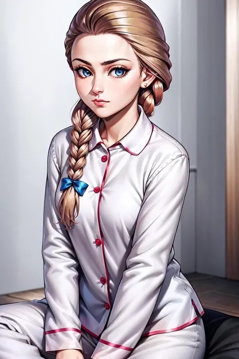 katsmir, 1girl, solo, braid, single braid, long hair, closed mouth, hair over shoulder, braid clip, pajamas <lora:katsmir:0.55>