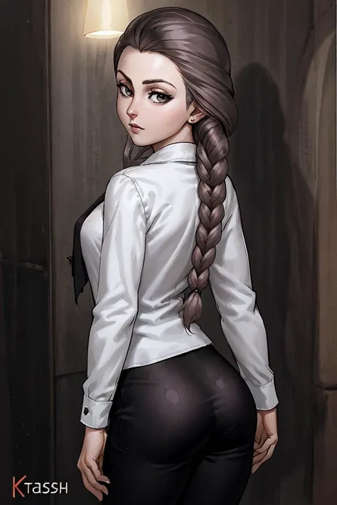 suchka, 1girl, solo, long hair, looking at viewer, single braid, <lora:suchka:0.55>
a woman in a white shirt and black pants, krenz cushart and wenjun lin, shirtless :: high detail, picture inside covens den, joshua middleton comic art, loosely cropped, map patreon, young woman, black cloak hidden in shadows, backshot, female thief, old sketch, ass focus