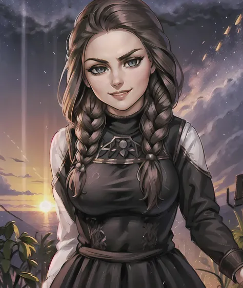suchka, (solo)+, 1girl, female focus, (outdoors)+, extreme eye details, (skindentation), (intricate), intricate eyes, (detailed fingers)+, (detailed arms)+, <lora:sxz-slavic-fantasy-v1:0.50>, <lora:suchka:0.55>, dynamic pose, look at viewer, short braid, (smile), smirk, sharp focus, (8k), (4k), big breasts, (masterpiece), (deep sunset sky), fantasy, extremely detailed, background sun on the horizon