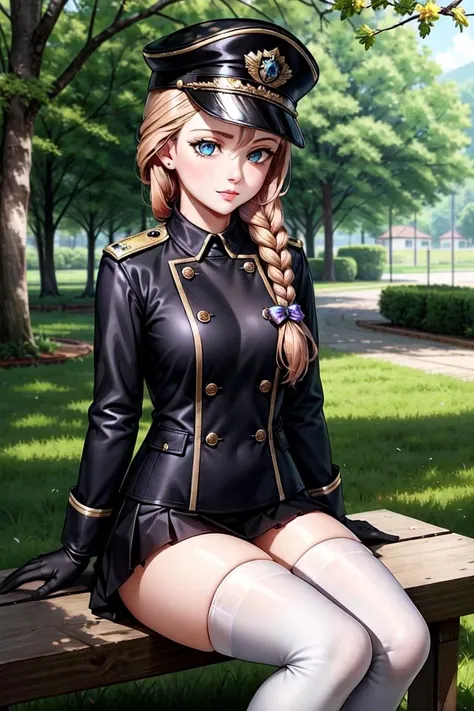 katsmir, 1girl, solo, braid, single braid, long hair, green eyes, blonde hair, hair over shoulder, looking away , outdoors, <lora:katsmir-15:0.5>
aiguillette black_coat black_footwear black_gloves black_headwear black_thighhighs braid breasts clock coat coat_on_shoulders epaulettes gloves hat knee_up long_hair looking_at_viewer medium_breasts military military_hat military_uniform miniskirt open_clothes open_coat peaked_cap pleated_skirt sitting skirt solo thighhighs uniform white_skirt zettai_ryouiki
