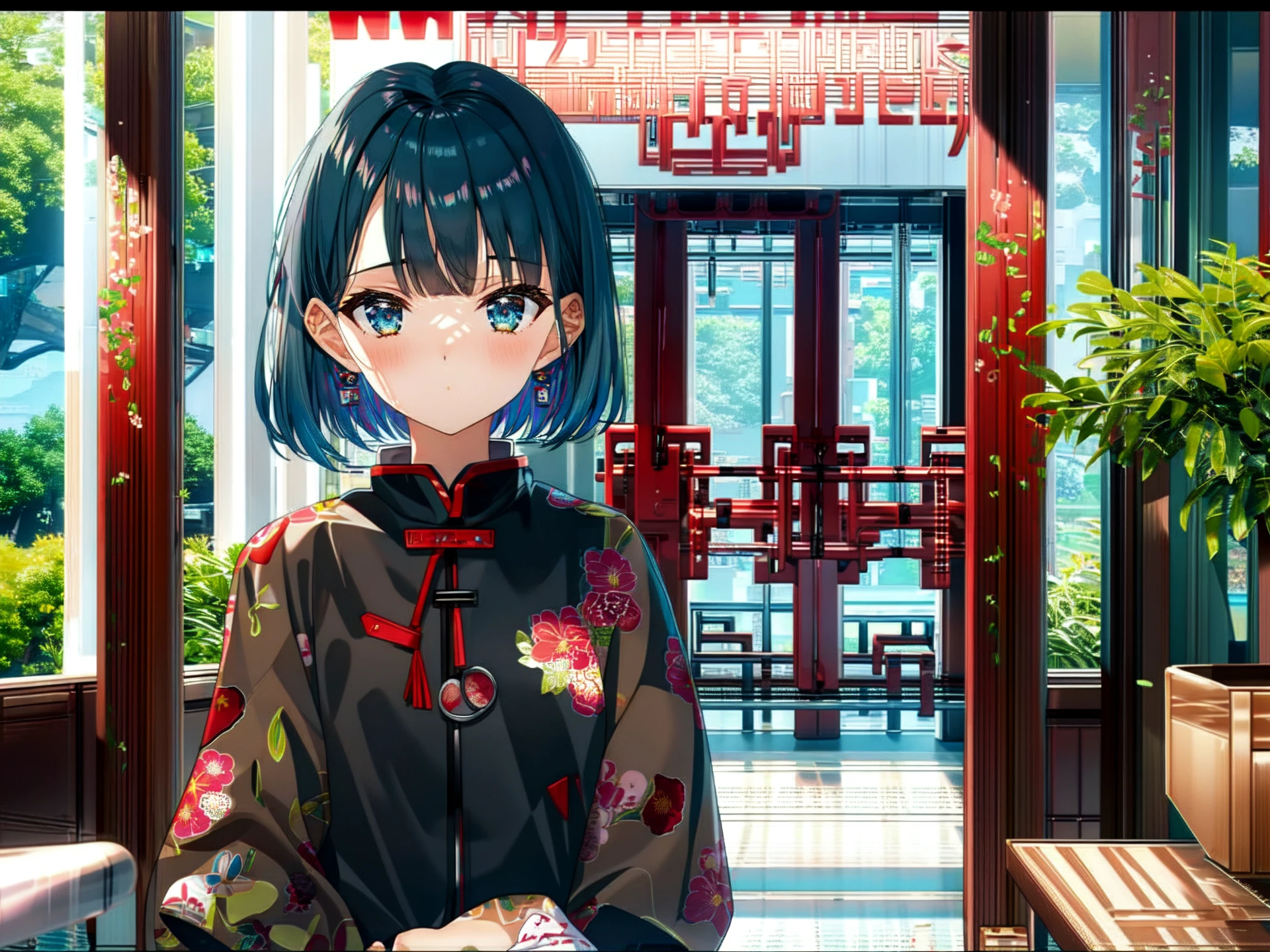 anime,1girl, classical resort hotel midnight, blue hair, very short hair, straight hair, ringlets hair, bangs, chinese student training wear ribbon loafers,