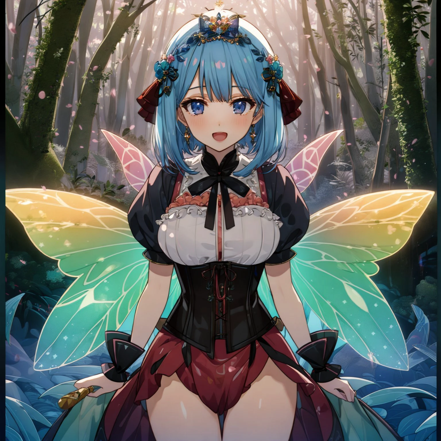 (kawaii cute pretty:1.4), large eyes, dynamic poses, upper body, textile shading latex Victorian corset, layerd skirt, iridescent fairy wing, puni rillilitlle, middle breasts, (shortstack gaki short height:1.2), narrow waist, light smile, open mouth, pastel color hair, beautiful detailed eyes, face lighting, (fantasy deep forest:1.2), (dlsite eroge cg game HCG:1.3), face lighting, (cinematic lighting), art nouveau, by (alphonse mucha:1.1), high quality, subtle ambient glow, global illumination, ultimate quallity,