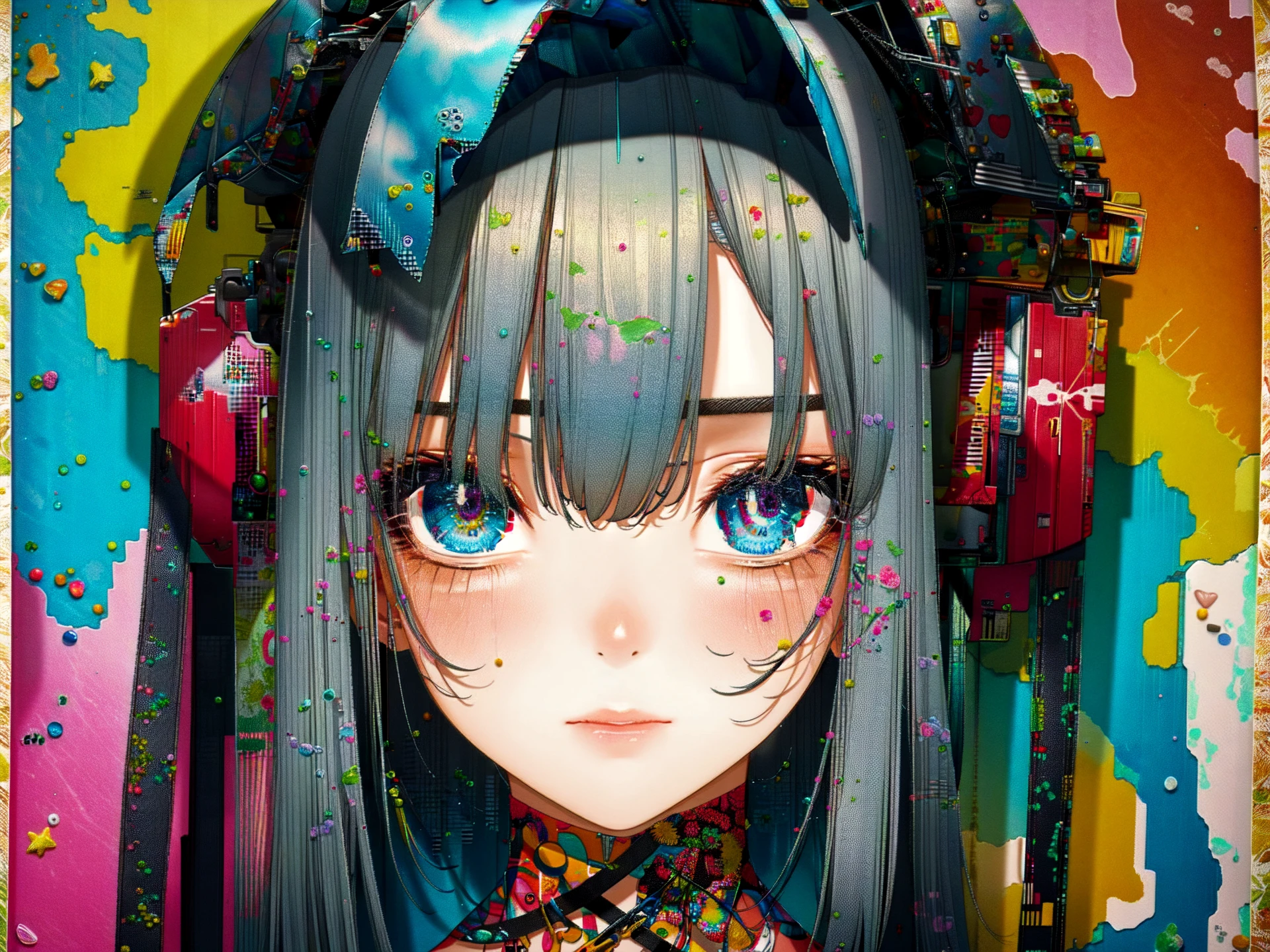 anime,1girl, Design a mixed media artwork, combining various techniques and materials for a unique and visually engaging result.