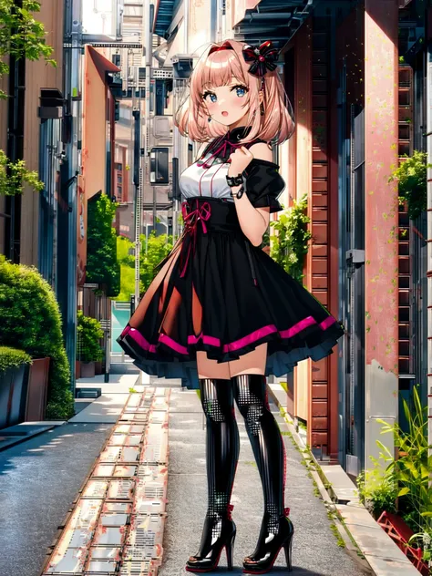 anime,1girl,  classical alley evening,  pink hair, very short hair,   center parted bangs bangs,  latex gothic dress handcuffs high heel boots,