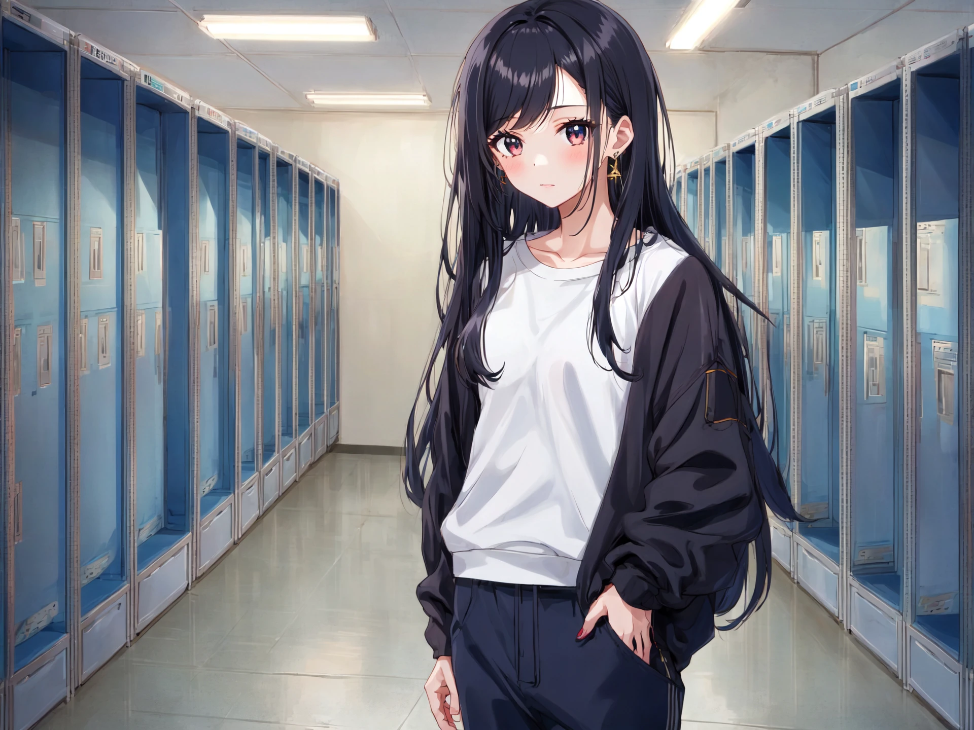anime,1girl, black hair, long hair, asymmetrical hair, long bangs bangs, chinese sweatshirt dress pants earrings , abandoned in locker room midnight,
