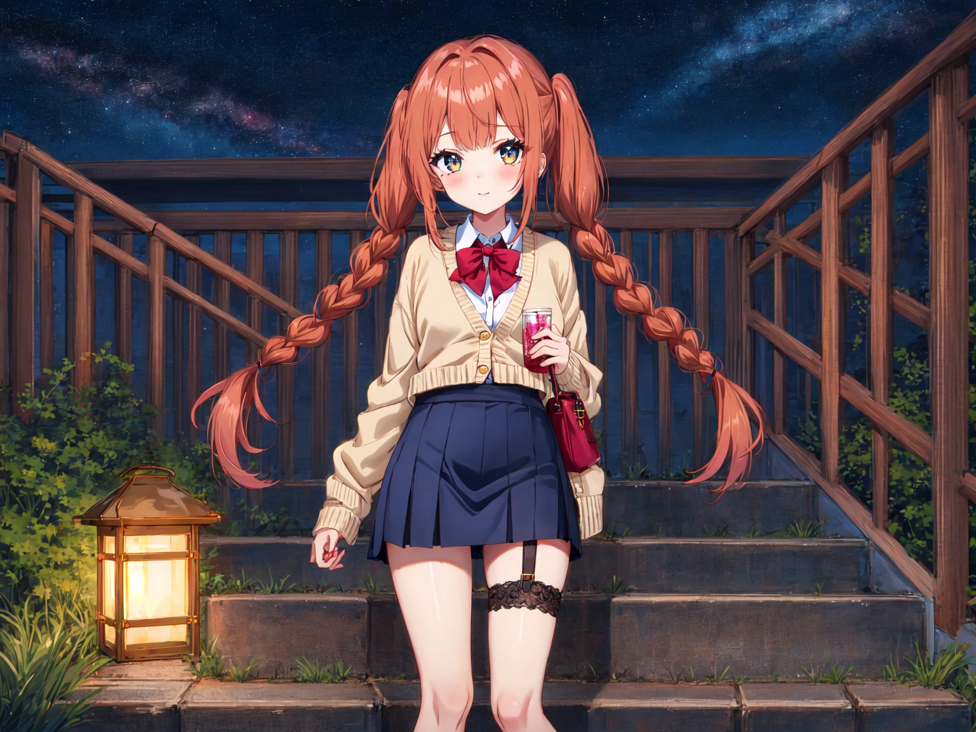 anime,1girl, honey hair, long hair, twin braids hair, bangs, modern cardigan mini skirt garter belt loafers, dark novitiate midnight,