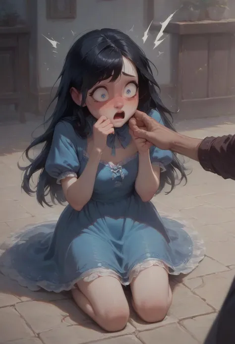 score_9, score_8_up, score_7, shocked, surprised,
1girl, kneeling, long black hair, blue dress, petite, cute, shy, white skin