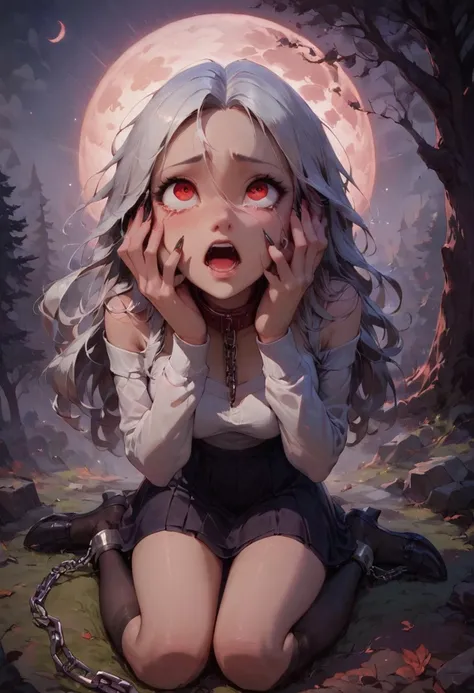 score_9, score_8_up, score_8, ((1 girl)), long white hair, tall, large, white sweatshirt, black skirt, red eyes, (1 sexy 24 year old), in Forrest, full moon, red moon, scared, at night dark, chain around neck, collar, chained to tree, siting next to trees, sitting on ground, small boobs, volumetric lighting, detailed, (lighted hair:0.5), light particles, cute, uncensored, hands on face, black stockings, looking up, high view, turning into werewolf, sharp claws,