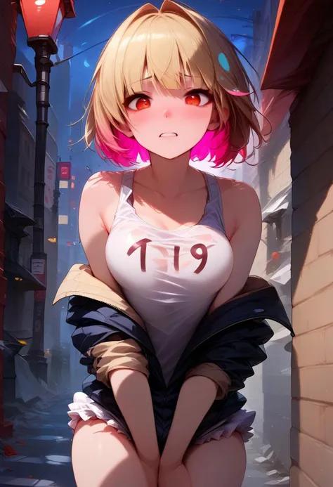 score_9, score_8_up, score_7_up, score_6_up, score_5_up, score_4_up,
(blonde hair:1.2), colored inner hair, multicolored hair, red eyes, pink hair, short hair, two-tone hair, short hair, shoulder length hair, balayage bob hair cut,
outside, city street, night, moon, dark, street light, red eyes, standing, jacket,
breast expansion, little, cute face, 1girl, ,medium breast, perfect breast, looking at viewer, high quality, shy, detailed face,
small breasts , gym outfit, bloomers, 1girl, clothed,
face focus,