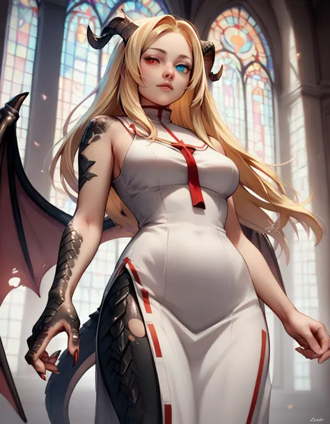 zPDXL2, source_anime,1girl, blonde, straight hair, long hair, priestess, torn clothes, ripped clothes, heterochromia, pale skin, waist up, standing, bare arms, church background ADDCOMM
<lora:tf-assist-ponyxl-v1:1> red eye, transformation, succubus horns, succubus wings, succubus nails, dragon arm, dragon hand, dragon claw,(black scales, scales on arm, scales on midriff:1.4) ADDCOL
bright blue eye