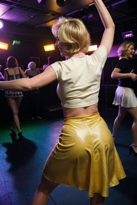 woman dancing at a disco nightclub, studio 54, 1973, (42 years old), curvy, mature, skirt,
Blonde hair,
wearing Yellow,
Orange and Orange disco lights,
white teeth,
NATURALBODY