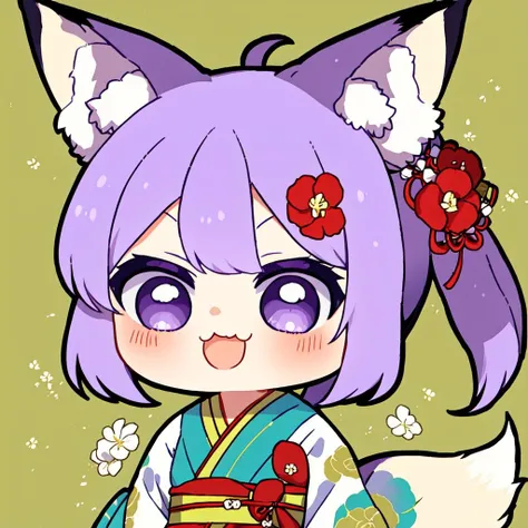 (masterpiece:1,2), best quality,none,
1girl, animal ears, solo, tail, fox ears, japanese clothes, fox tail, hair ornament, purple hair, smile, flower, hair flower, long hair, fox shadow puppet, breasts, obi, sash, blush, fox girl, animal ear fluff, floral print, looking at viewer, ponytail, wide sleeves
<lora:Chibi_kawai:1>