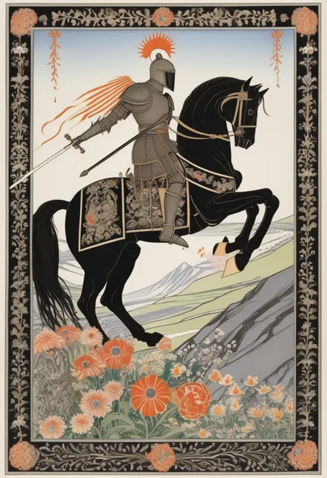 Knight with winged helmet, charging on black horse, sword, shield, mountain, flowers, border, color, illustration, Kay Nielsen,  <lora:Kay_Nielsen_Style-000005:0.75>