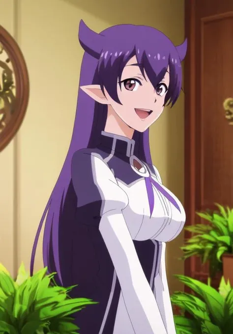 <lora:Maria:0.8>, Maria, 1girl, solo, open mouth, purple eyes, upper body, indoors, smile, plant, anime coloring