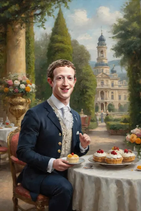 Wide angle oil painting, Rococo style, Mark Zuckerberg adorned in noble attire, Savoring a pastry in an outdoor garden, Luxuriant palace in the background, Elaborate costume details, Intricate lace and embroidery, Whimsical ambiance, Captivating scene of modern royalty, Executed with detailed brushstrokes, Rich color palette, Historical yet contemporary. <lora:markzuckSDXL_128:0.4> ohwx, ohwx man