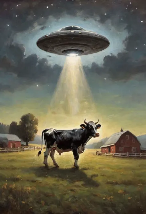 Oil painting of a UFO abducting a cow, cow floating in air, from a farm at night
