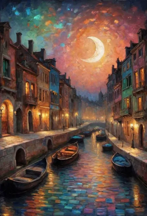 Fantasy painting of a canal made of colorful tiles. Night scene with crescent moon.