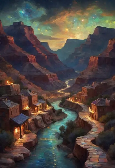 Fantasy painting of the Grand Canyon with a canal made of colorful tiles running through it. Night scene.