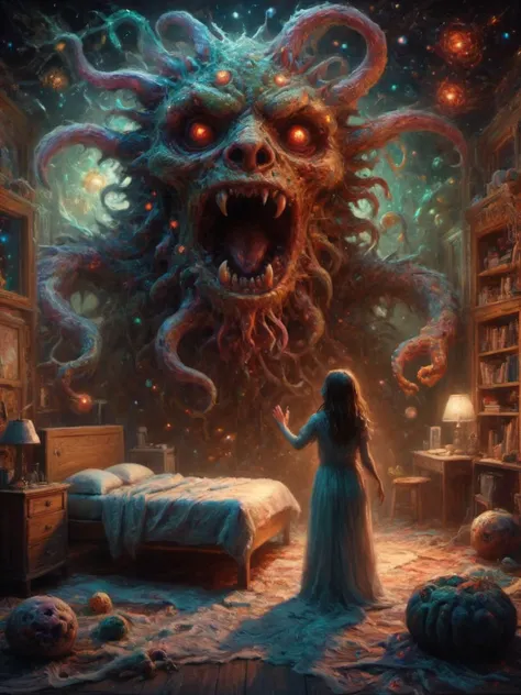 <lora:ElectronStyleXL_v2:1.0>El3ctr0nStyle, an epic scene of a nightmare with a monster scaring a girl in her room, night with stars, surrounded by bacteria and viruses, cosmic art, colorful, glowing background, masterpiece, ultra detailed, chaos, symmetric