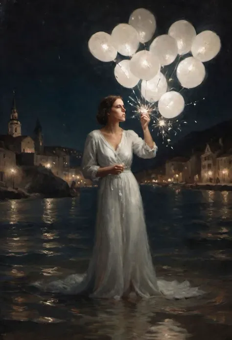Photo of a sad woman in the sea, bunched up white balloons holding a sparkler overhead, night scene. The mood is somber, and quiet