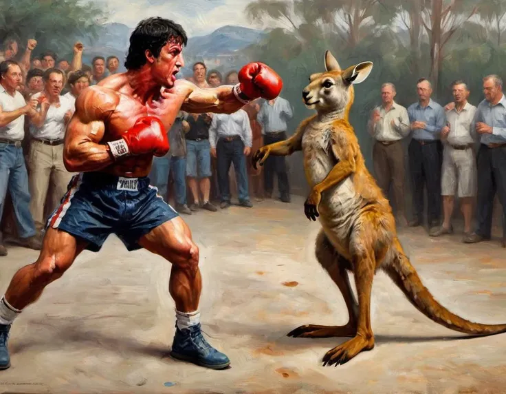 Oil painting. Sylvester Stallone as Rocky Balboa punched by a Kangaroo wearing boxing gloves, crowd cheering BREAK
Kangaroo punching with boxing gloves