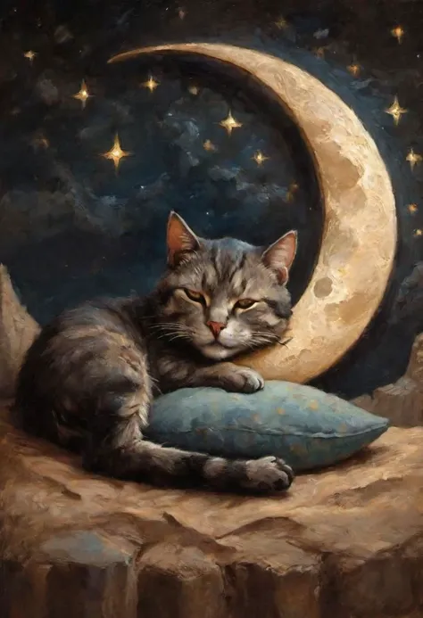 Fantasy painting of a cat sleeping on a crescent moon, night scene
