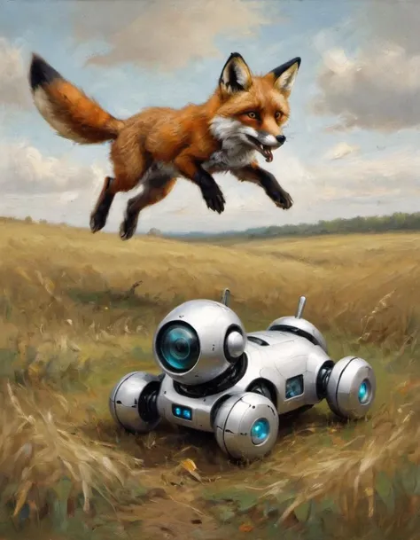 Wide angle Long shot Little brown Fox jumps over the lazy dog in the field
BREAK
Wide angle Long shot lazy Robot dog Aibo in the field