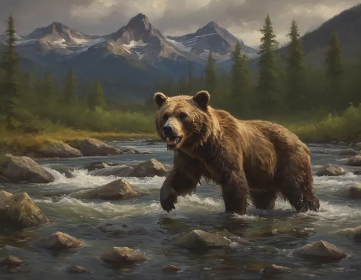 A grizzly bear fishing for salmon on a river in an American wilderness, jumping salmon , 4k, UHD, masterpiece