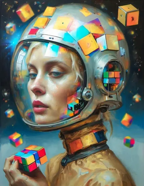 Surrealist artwork. A blonde woman wearing a space helmet with a head-up display reflecting the surrounding area, holding a holographic image of a Rubik's Cube <lora:MJ52:0.8>