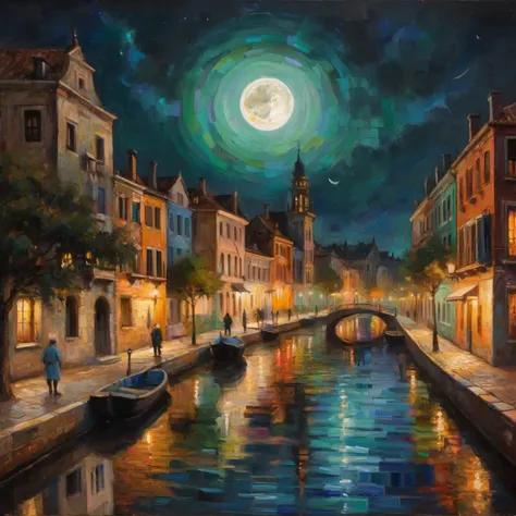 painting of a canal made of colorful tiles. Night scene with crescent moon. Reflective water surface.