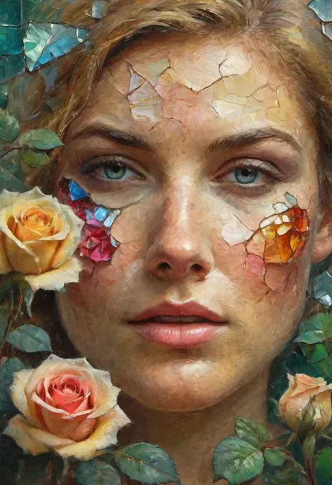 Painting. Compose a deeply emotional and visually stunning image featuring a young Norwegian woman, face as cracked broken glass, natural skin, in the Garden of Eden, with delicate multicolored roses, incorporate abstract art elements conveying a broken glass effect, conveying shattered memories and a tinted background with vivid shades to enhance the emotional impact, include rose thorns dripping with blood, adding to the overall beauty and evocative nature of the piece, hyper-detailed and intricate elements, The dramatic atmosphere enhances the overall high-quality and detailed nature of this stunning piece of artwork, style of Josan Gonzalez,