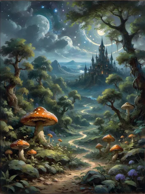 Breathtaking art by [Rumiko Takahashi:John Howe:0.1]. A mythical garden with magical creatures. Starry night with a milky way. A dense, mushroom-filled forest floor in foreground.  Large, rolling sand dunes  in background. Award-winning, professional, highly detailed.